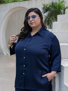 Navy Blue Color Up-Down Shirt & Trouser Plus Size Co-Ord Set