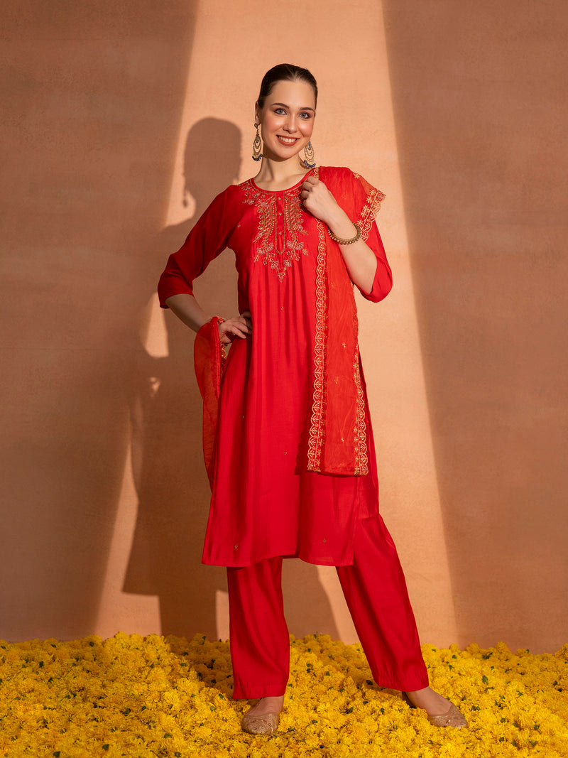 TITTLI Women Handwork Embroidered U-Neck Roman Silk Kurta Set with Dupatta(Red)