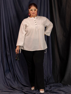 TITTLI Women Plus Size Viscose Rayon Solid Mandarin Collar Yoke Short Kurti (Off White)