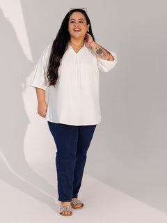 TITTLI Women Plus Size V-Neck Collar Short Kurti with Flared Fit (Off White)