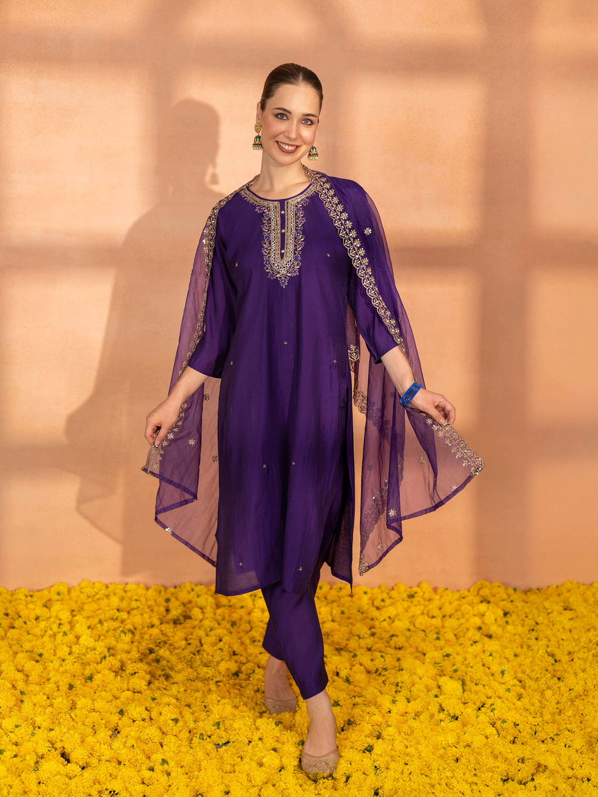 TITTLI Women Handwork Embroidered U-Neck Roman Silk Kurta Set with Cut-Work Dupatta(Violet)