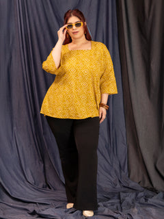 TITTLI Women Plus Size Printed Square Neck Back Dori 3/4 Sleeves Short Kurti (Mustard)