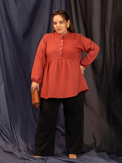 TITTLI Women Plus Size Cotton Silk Solid Mandarin Collar Frilled 3/4 Elasticated Sleeves Short Kurti (Brick-rust)