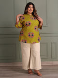 TITTLI Women Plus Size Printed Pure Cotton Mandarin Collar Casual Kurti (Mustard)