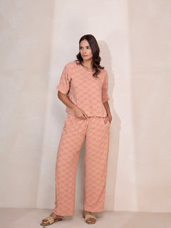 Round Neck T-Shirt with Loose Fit Trouser Boxy Fit Oversized Co-Ord Set (Peach)