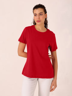 TITTLI Women Solid Colour Pure Cotton Regular Fit T-shirt(Maroon)