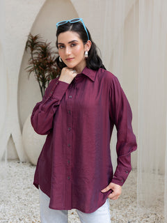 Women Comfort Relaxed Fit Shirt Collar Solid Rayon Casual Shirt (Maroon)