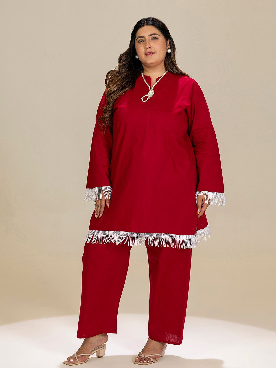 TITTLI Plus Size Pure Cotton Mandarin Collared V-Neck Lace Detailing Tunic & Trouser Co-Ord Set