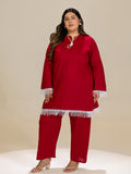 TITTLI Plus Size Pure Cotton Mandarin Collared V-Neck Lace Detailing Tunic & Trouser Co-Ord Set