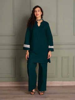 TITTLI Women Pure Cotton Solid Tunic and Trouser Co Ord Set (Airforce)