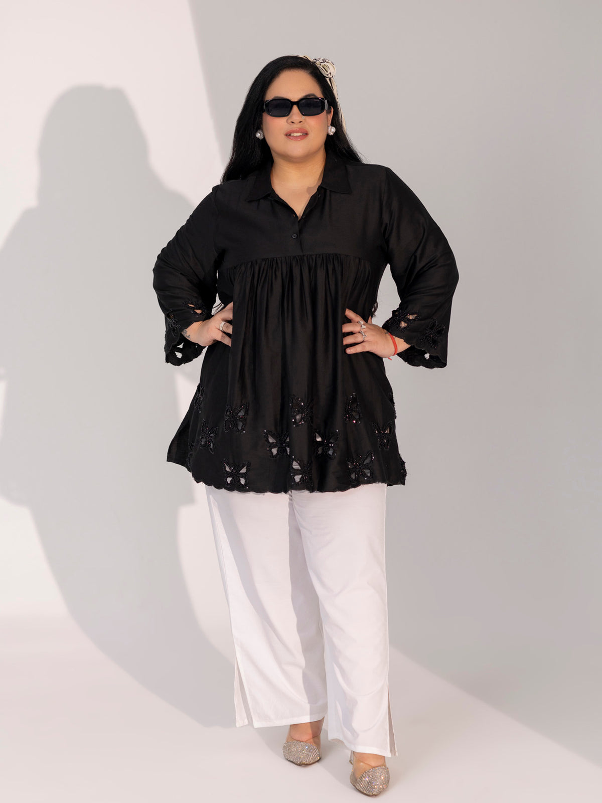 TITTLI Plus Size Women Cotton Silk Butterfly Handwork Embroidered Shirt Collar Kurti(Black)