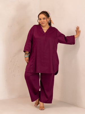TITTLI Women Cotton Silk V-Neck Tunic & Trousers Plus Size Co-Ord Set (Wine)