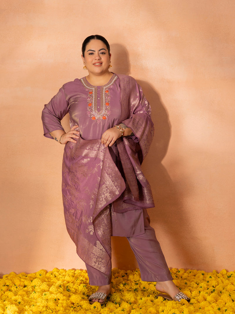 TITTLI Plus Size Women Handwork Embroidered U-Neck Roman Shimmer Silk Kurta Set with Jacquard Banarasi Print Dupatta (Purple)