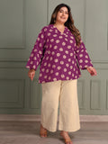 TITTLI Women Plus Size Printed Pure Cotton V-Neck Flared Sleeve Short Kurti (Purple)