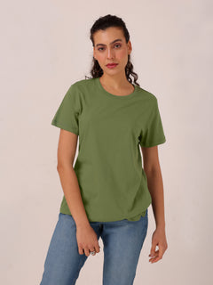 TITTLI Women Solid Colour Pure Cotton Regular Fit T-shirt(O-Green)