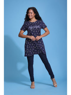 Printed Long T-Shirt For Women (Navy Blue)