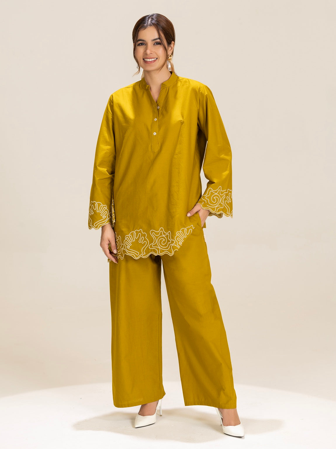 TITTLI Mustard Colour Embroidered Tunic & Trouser Co-Ord Set For Women