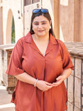Meeka Plus Size Boxy Fit Notched Collar Co-Ord Set (Rust)