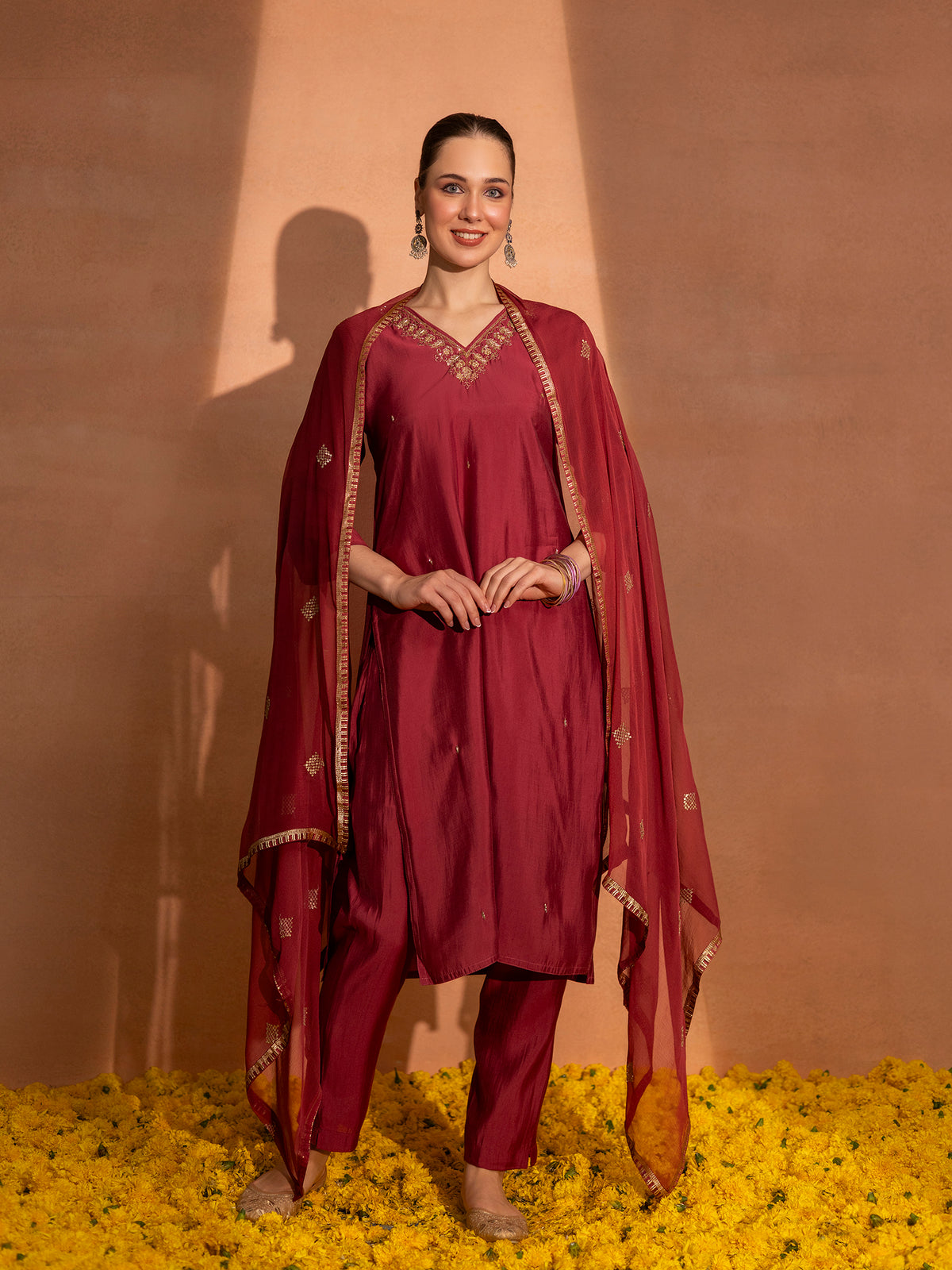 TITTLI Women Handwork Embroidered V-Neck Roman Silk Kurta Set with Georgette Cutwork Dupatta (C. Red)