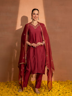 TITTLI Women Handwork Embroidered V-Neck Roman Silk Kurta Set with Georgette Cutwork Dupatta (C. Red)