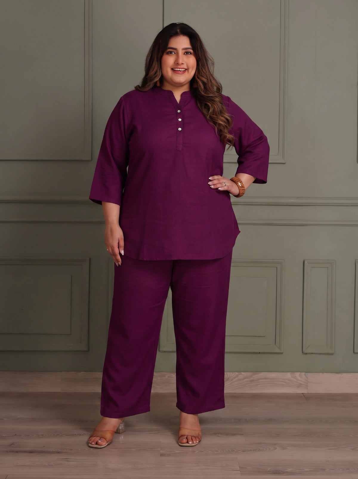 TITTLI Women Plus Size Cotton Silk Tunic & Straight Trousers Co-Ord Set (Wine)