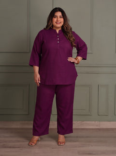 TITTLI Women Plus Size Cotton Silk Tunic & Straight Trousers Co-Ord Set (Wine)