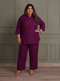 TITTLI Women Plus Size Cotton Silk Tunic & Straight Trousers Co-Ord Set (Wine)