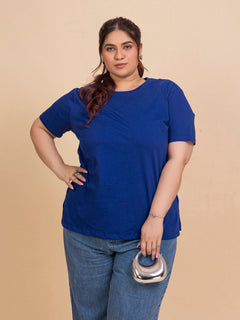 TITTLI Plus Size Pure Cotton Royal Blue Round Neck T-Shirt For Womens
