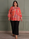 TITTLI Women Plus Size All-Over Printed Puff Sleeves Pure Cotton Frailed Kurti (Orange)
