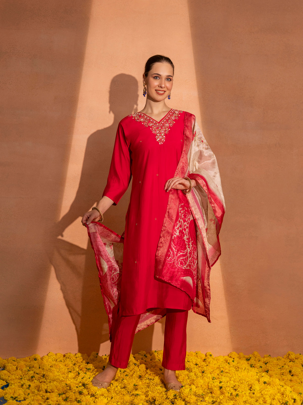 TITTLI Women Handwork Embroidered V-Neck Roman Silk Kurta Set with Jacquard Digital Printed Dupatta (Red)