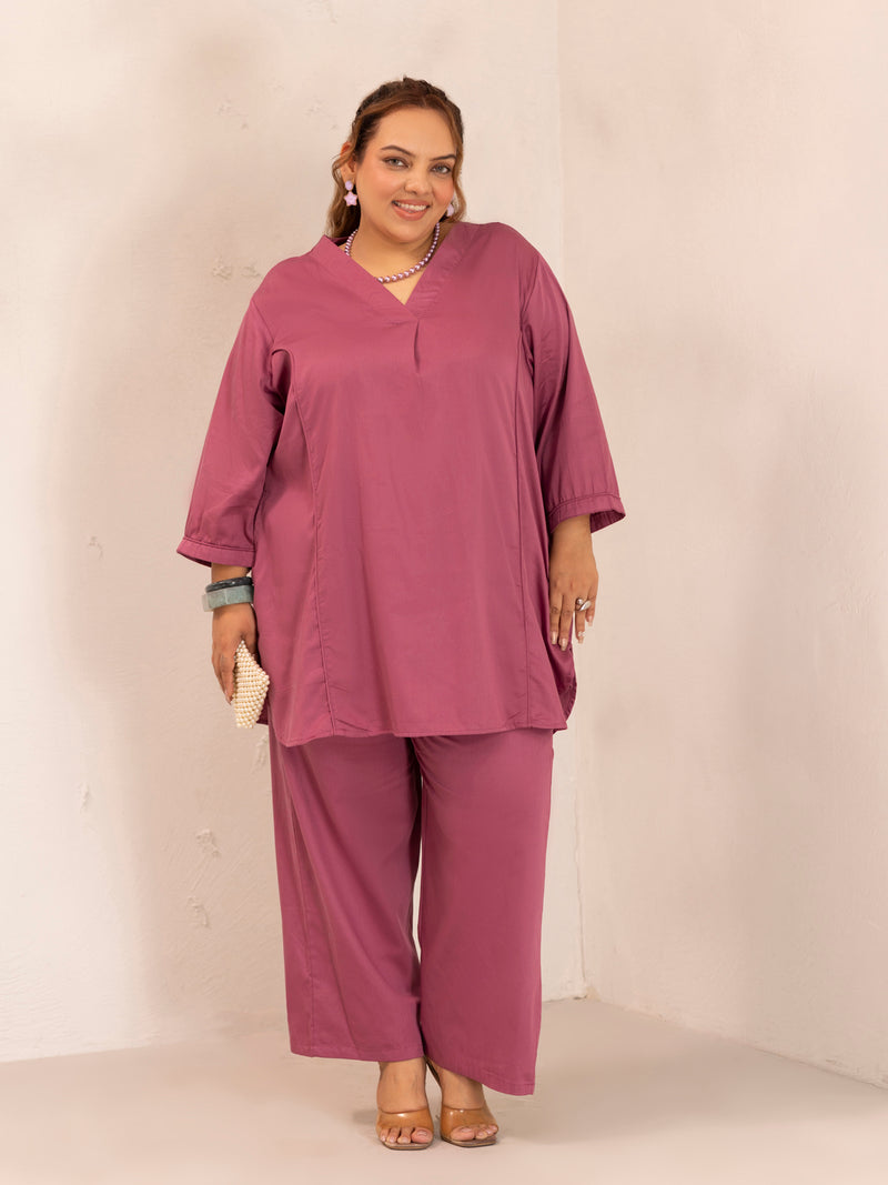 TITTLI Women Cotton Silk V-Neck Tunic & Trousers Plus Size Co-Ord Set (Onion)