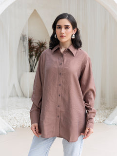 Women Comfort Relaxed Fit Shirt Collar Solid Rayon Casual Shirt (Brown)