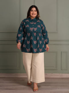 TITTLI Women Plus Size All-Over Printed Puff Sleeves Mandarin Collar Pure Cotton Frailed Kurti (Airforce)