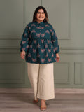 TITTLI Women Plus Size All-Over Printed Puff Sleeves Mandarin Collar Pure Cotton Frailed Kurti (Airforce)
