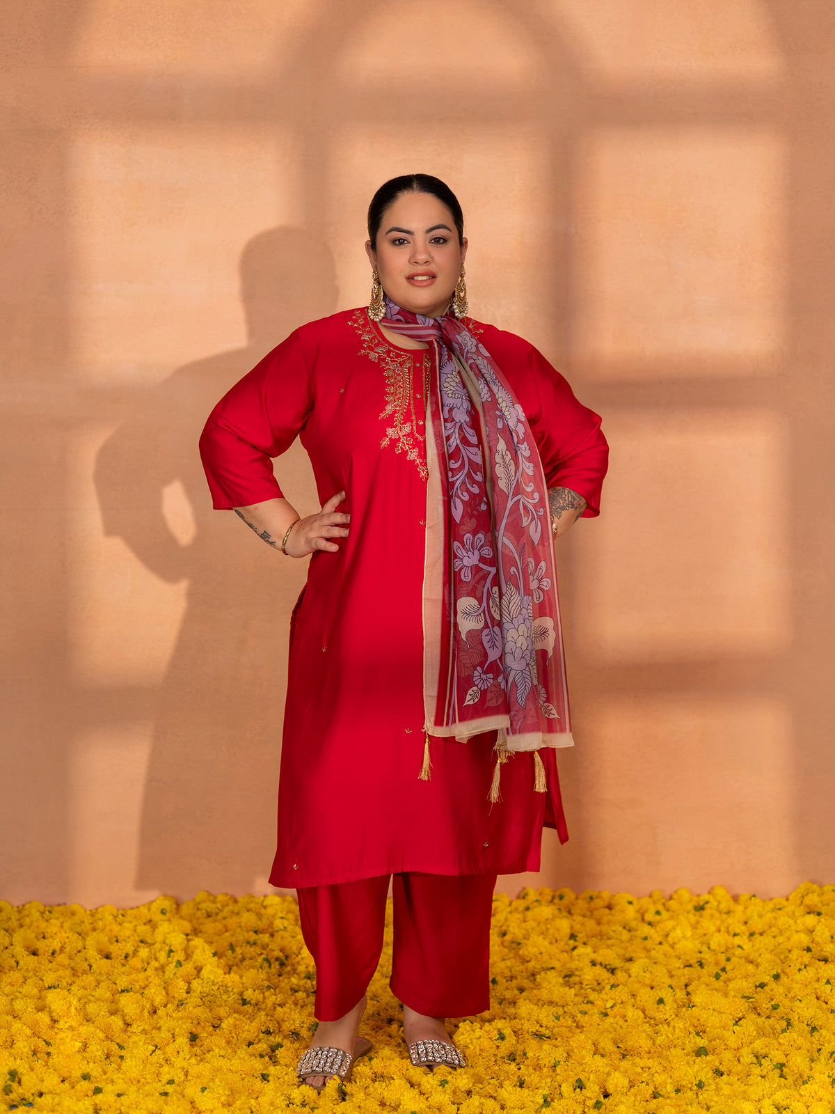TITTLI Plus Size Women Handwork Embroidered U-Neck Roman Silk Kurta Set with Georgette Digital Print Dupatta(Cherry Red)