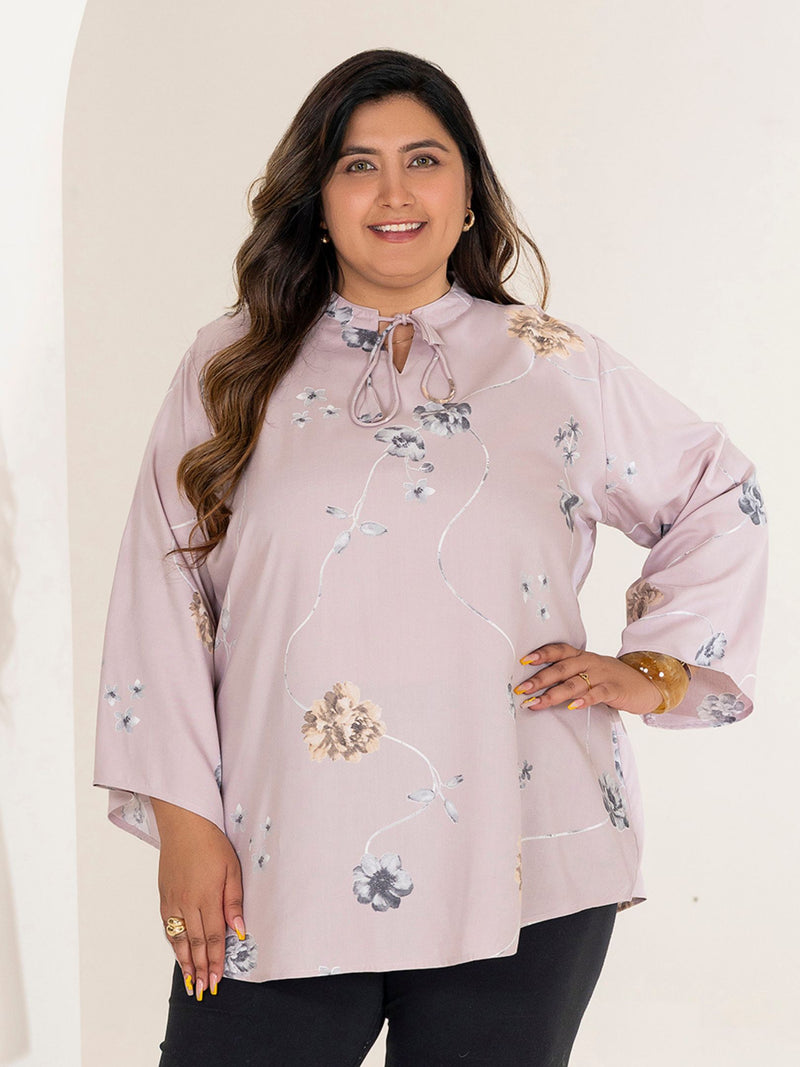 TITTLI Women Plus Size Floral Printed Short Kurti with Round Neck Collar Keyhole Tie-Up & Full Sleeves(Rose)