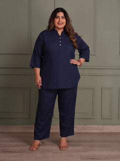 TITTLI Women Plus Size Cotton Silk Tunic & Straight Trousers Co-Ord Set (Navy Blue)
