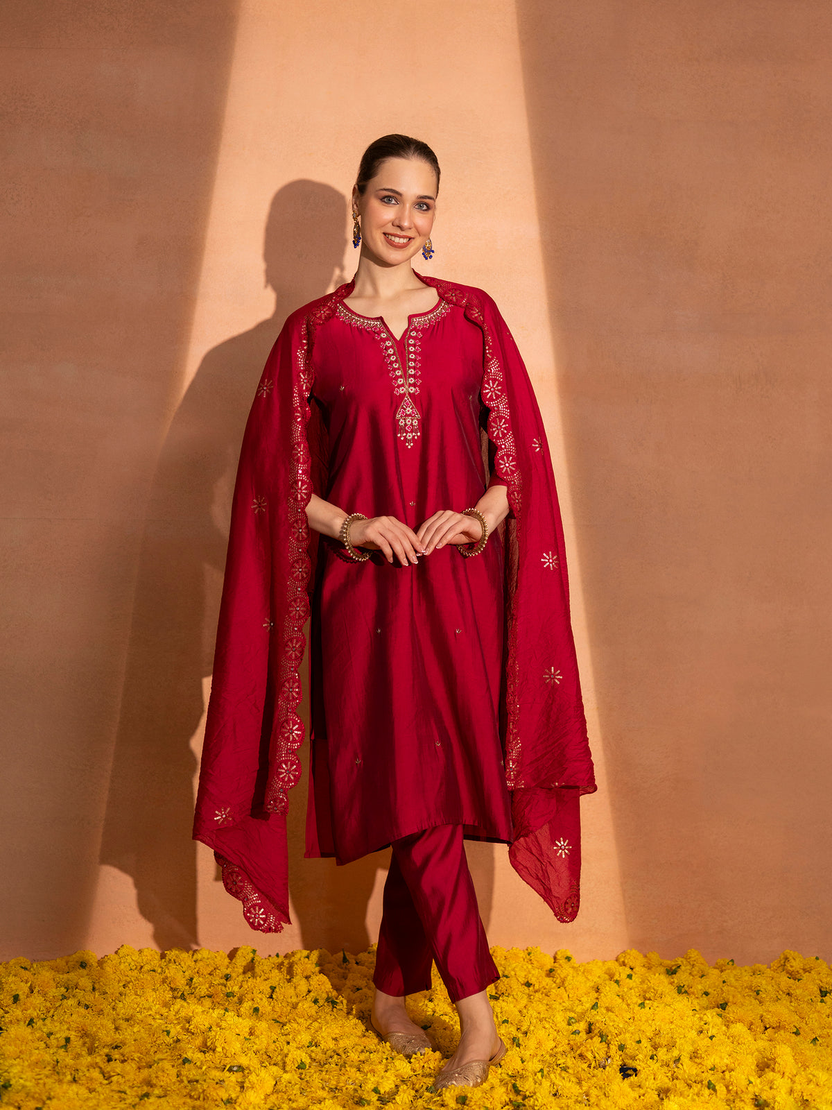 TITTLI Women's Handwork Embroidered Round Neck with V Roman Silk Kurta Set with Cut-Work Dupatta (C. Red)