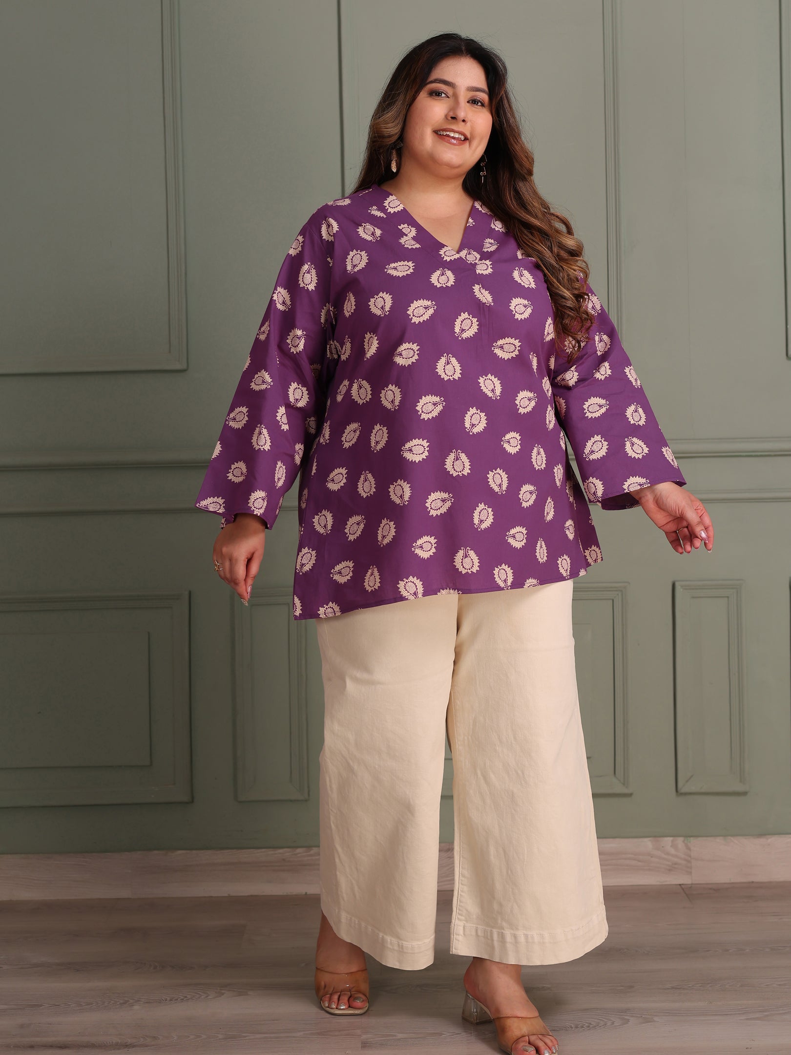TITTLI Women Plus Size Printed Pure Cotton V-Neck Flared Sleeve Short Kurti (Purple)