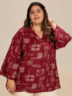 TITTLI Women Plus Size Geometric Print Viscose Rayon Short Kurti (Maroon)
