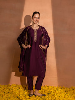TITTLI Women Handwork Embroidered U-Neck Roman Silk Kurta Set with Dupatta(Wine)