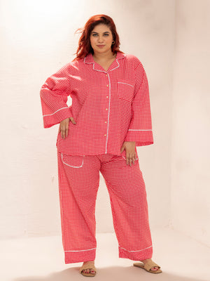 Plus Size Pure Cotton Checkered Printed Shirt and Pyjama Nightsuit (Red)