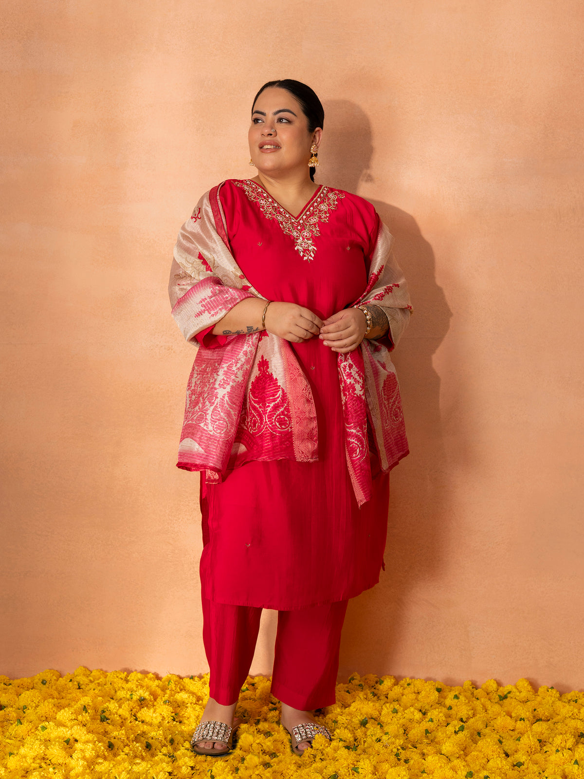 TITTLI Plus Size Women Handwork Embroidered V-Neck Roman Silk Kurta Set with Jacquard Digital Printed Dupatta (Red)