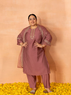 TITTLI Plus Size Women Handwork Embroidered Round Neck Roman Silk Kurta Set with Cut-Work Dupatta (Gajjar)