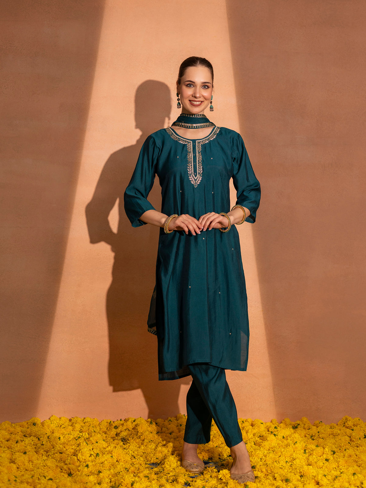 TITTLI Women Handwork Embroidered U-Neck Roman Silk Kurta Set with Georgette Cutwork Dupatta (Rama)