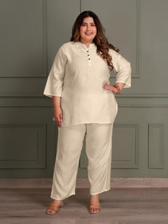 TITTLI Women Rayon Tunic And Trouser Plus Size Co-Ord Set (Cream)