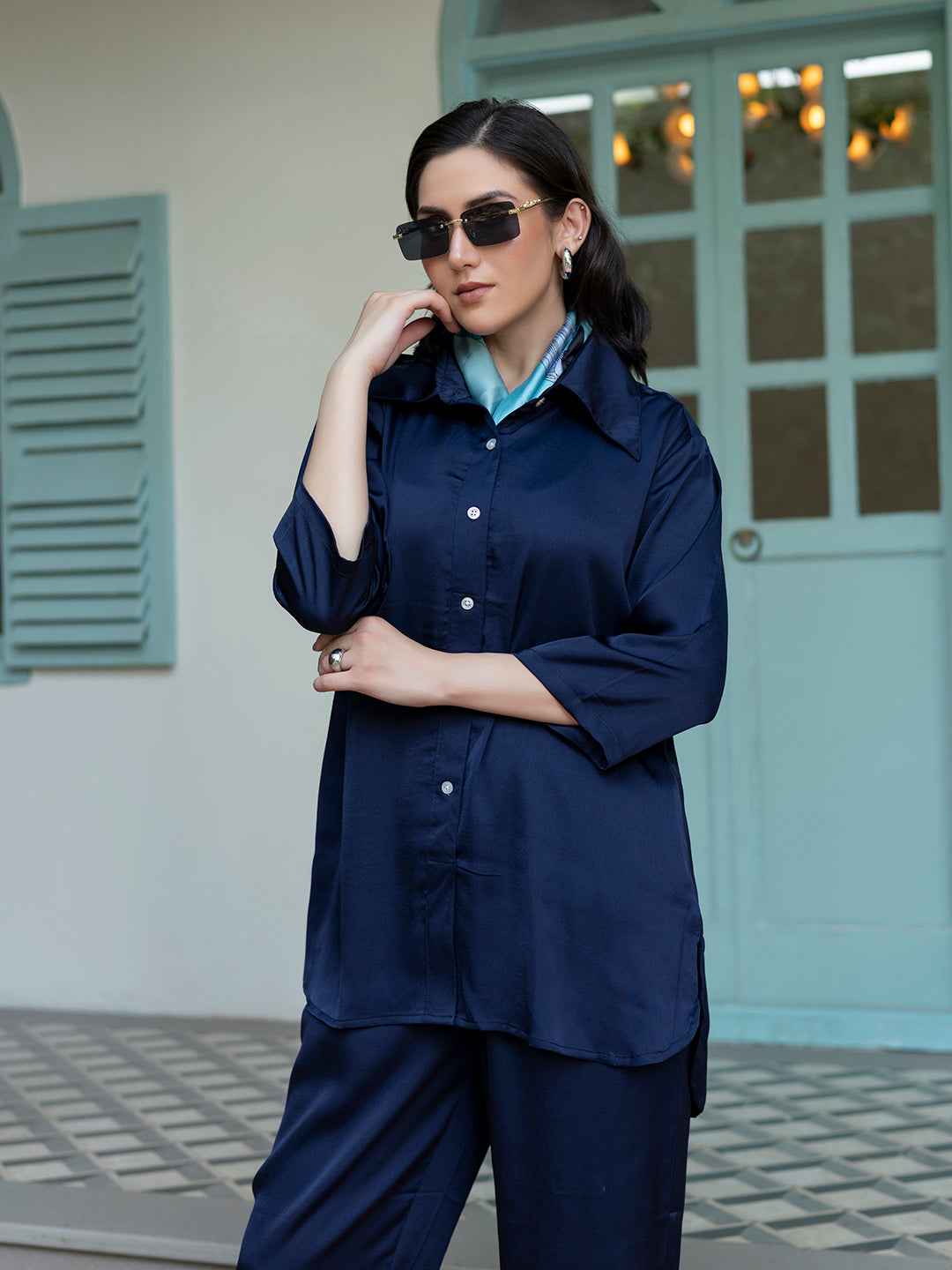 Navy Blue Satin Co-Ord Set for Women Online in India at Tittli