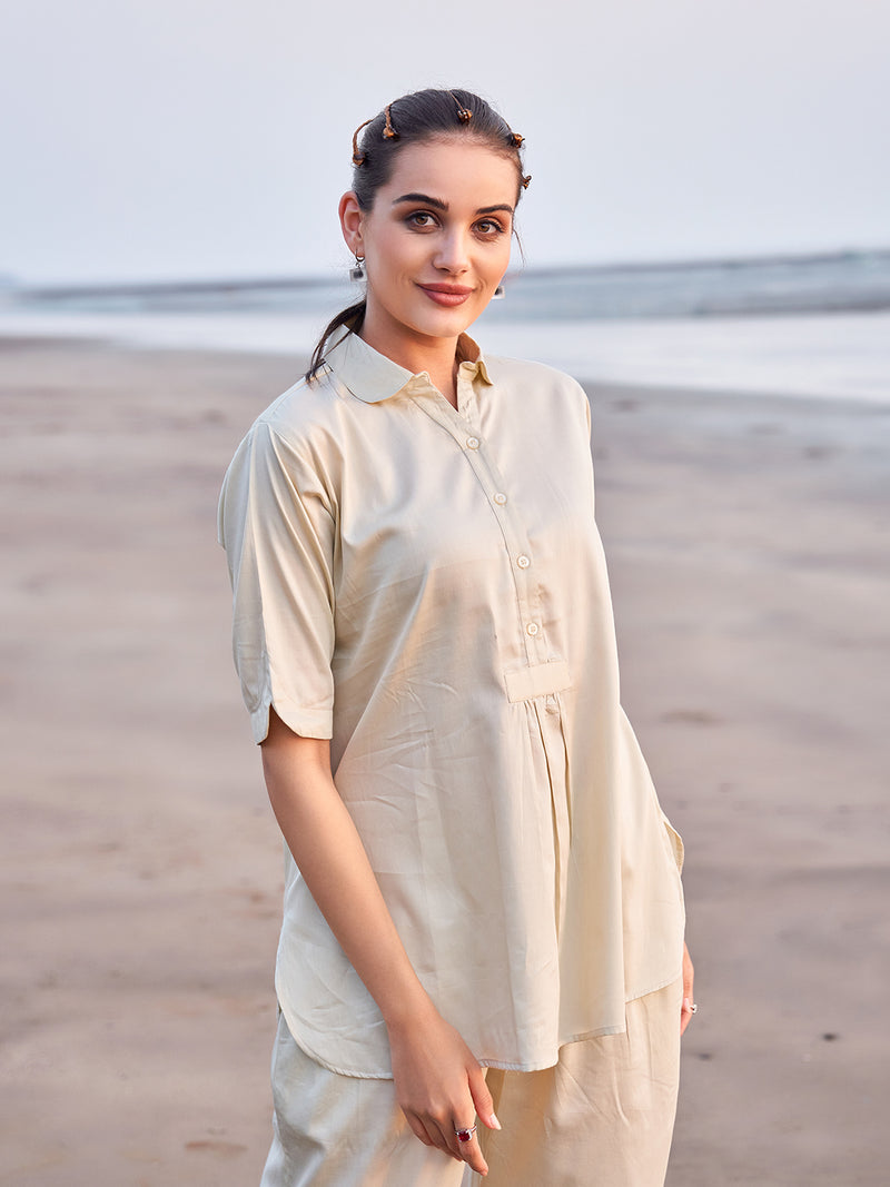 Cream Collared Tunic and Palazzo Trousers Co-Ord Set for Women in India