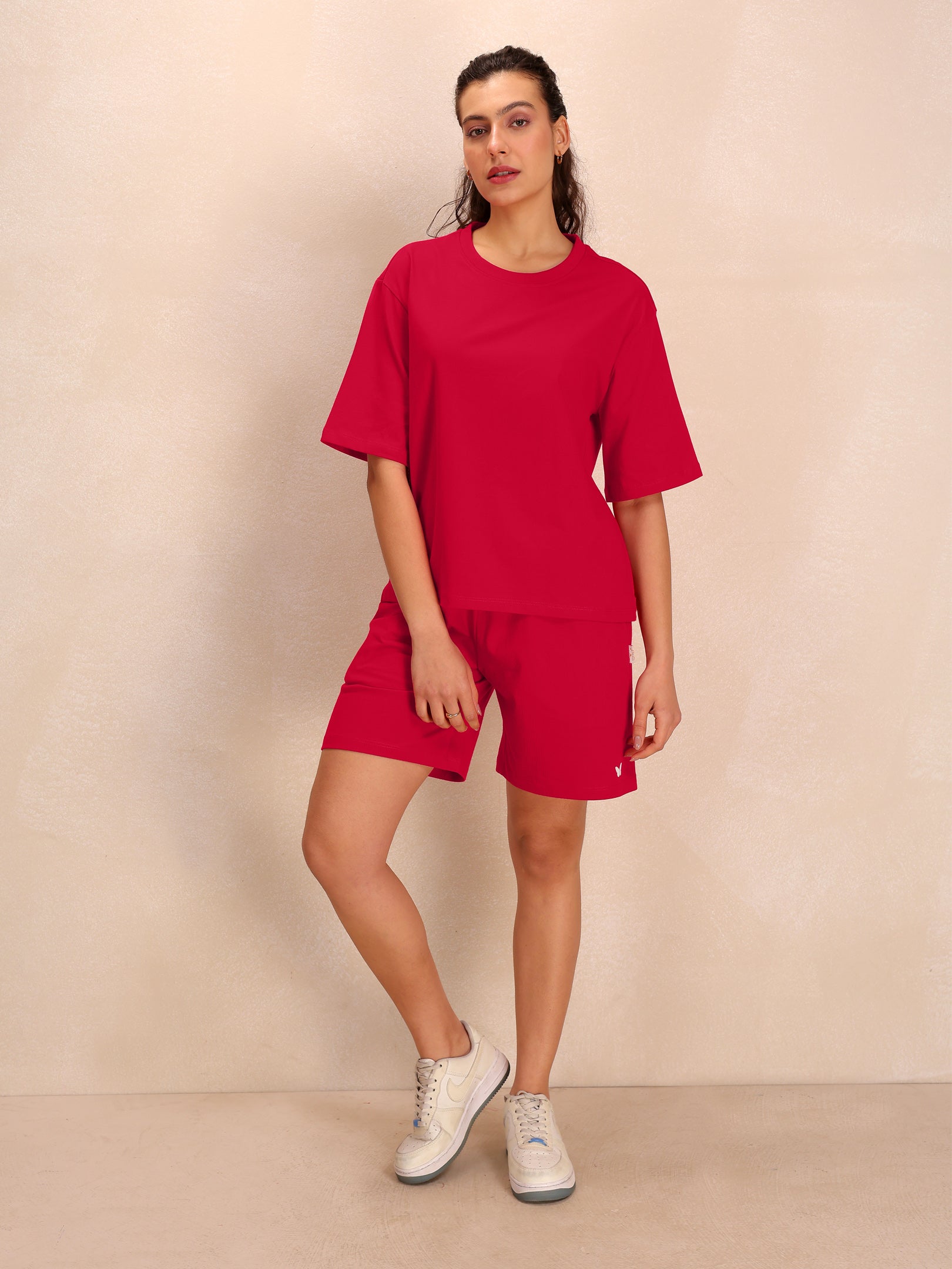TITTLI Women Pure Cotton Solid T-Shirt and Shorts Co-Ord Set (Rani)