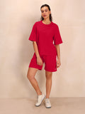 TITTLI Women Pure Cotton Solid T-Shirt and Shorts Co-Ord Set (Rani)